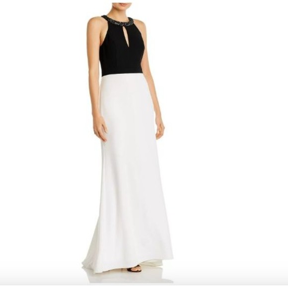 Aidan Mattox Black/Ivory Embellished Halter Formal Maxi Dress Gown Size 2 NWT - Picture 1 of 7
